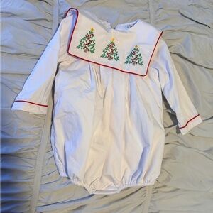 White toddler Romper with Christmas Tree Embroidery